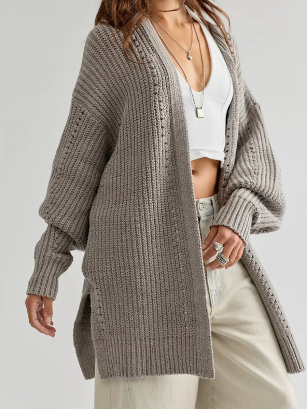 Free People Nightingale Cardi Light Gray Open-Front Knit Sweater Large